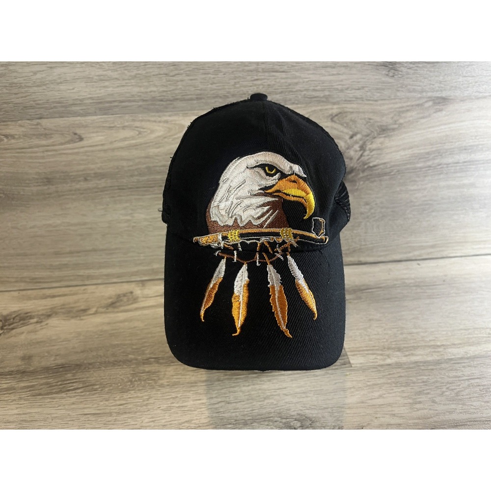 Snapback Ball Cap Hat Trucker Mesh Back Eagle Peace Pipe Feathers Acrylic Blend